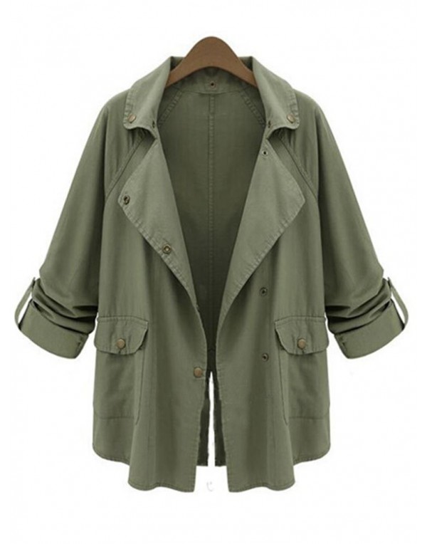 Women Army Green Fold Sleeve Loose Button Pockets Cardigan