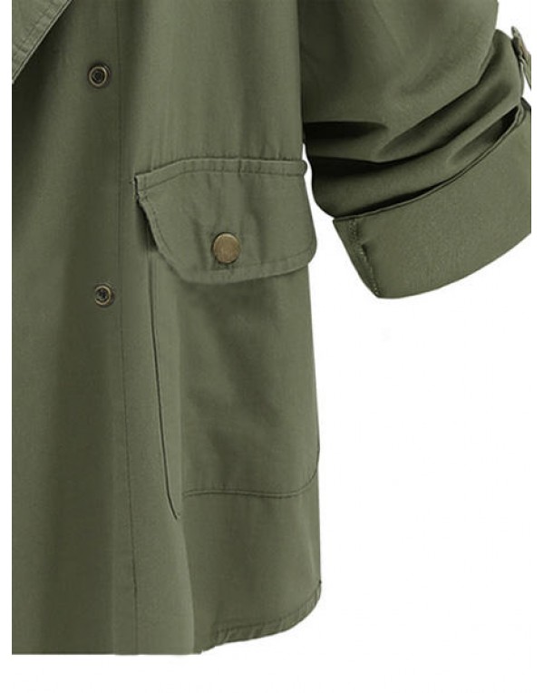 Women Army Green Fold Sleeve Loose Button Pockets Cardigan