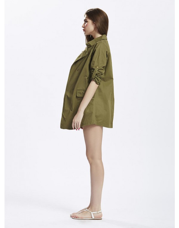 Women Army Green Fold Sleeve Loose Button Pockets Cardigan