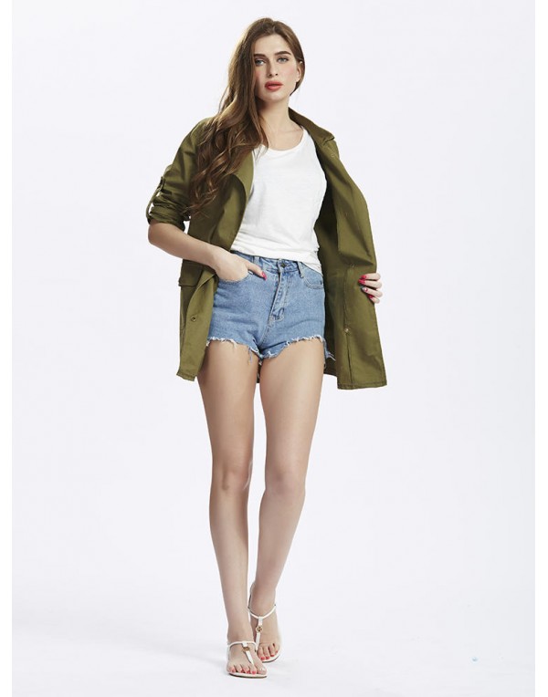 Women Army Green Fold Sleeve Loose Button Pockets Cardigan