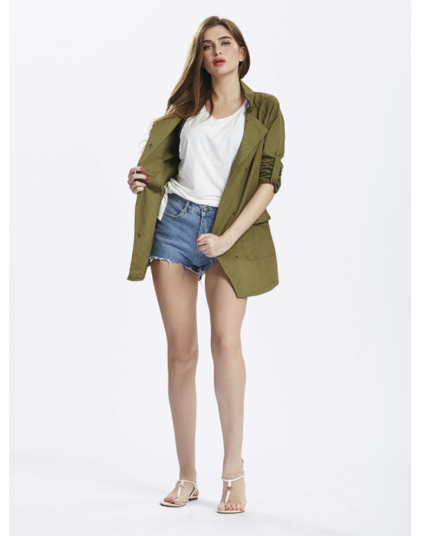 Women Army Green Fold Sleeve Loose Button Pockets Cardigan