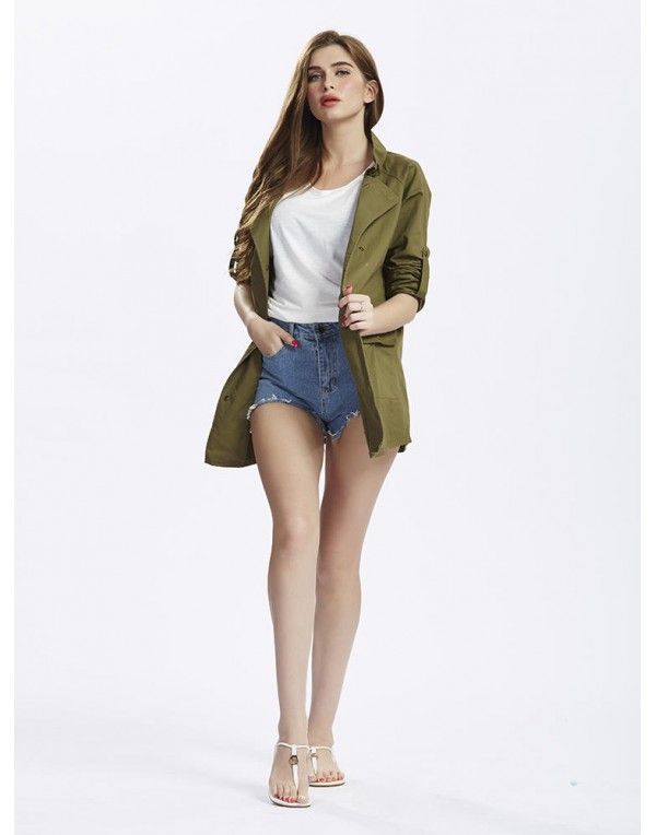 Women Army Green Fold Sleeve Loose Button Pockets Cardigan