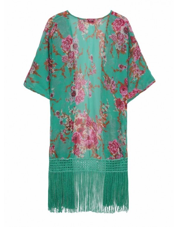 Women Vintage Floral Tassel Chiffon Beachwear Cove...