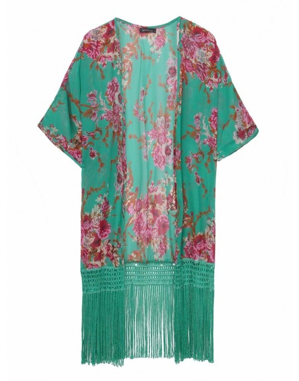 Women Vintage Floral Tassel Chiffon Beachwear Cover Up Cardigan