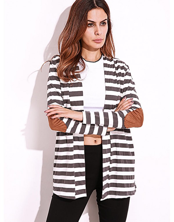 Casual Women Shawl Collar Elbow Patch Striped Open Front Cardigan Long Sleeve