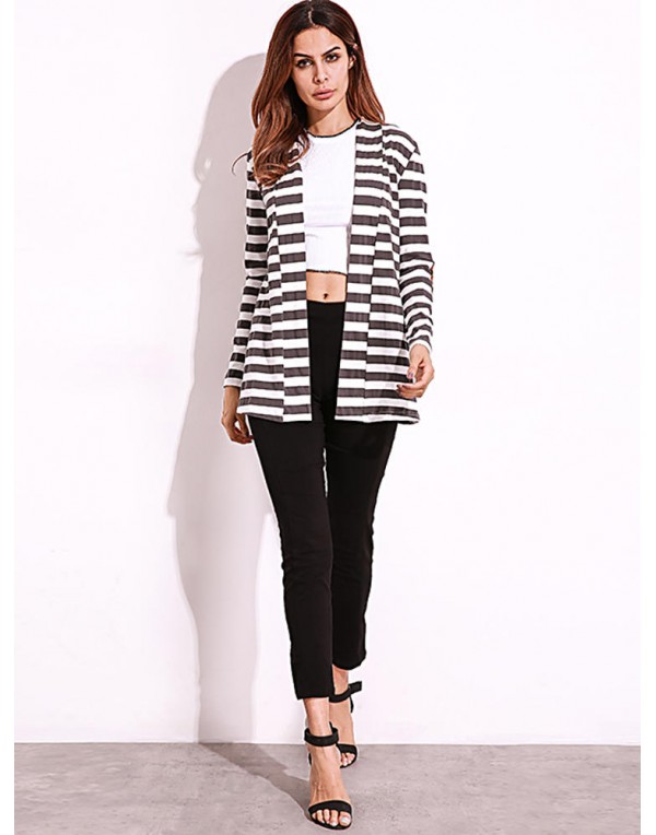 Casual Women Shawl Collar Elbow Patch Striped Open Front Cardigan Long Sleeve