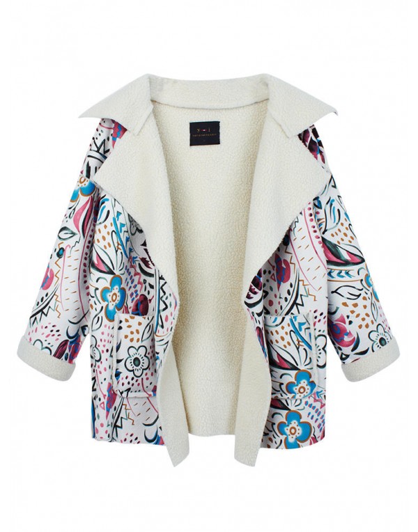 Vintage Women Warm Floral Print Suede Pocket Long Sleeve Coat