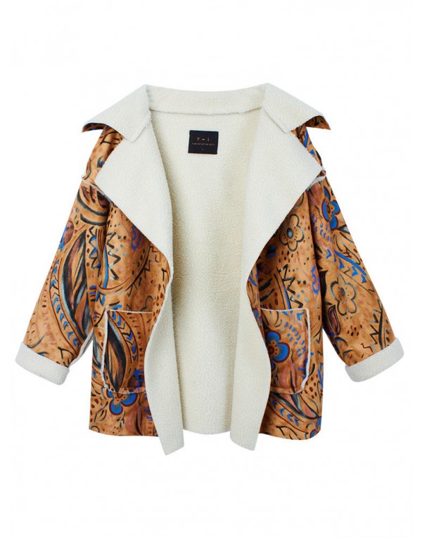 Vintage Women Warm Floral Print Suede Pocket Long Sleeve Coat