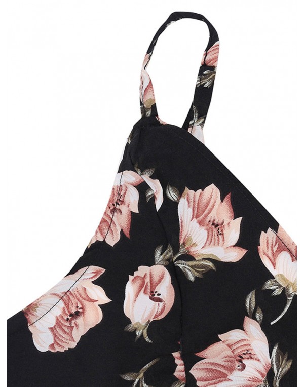 Women Sexy Strap Flower Printed Split Beach Maxi Dress