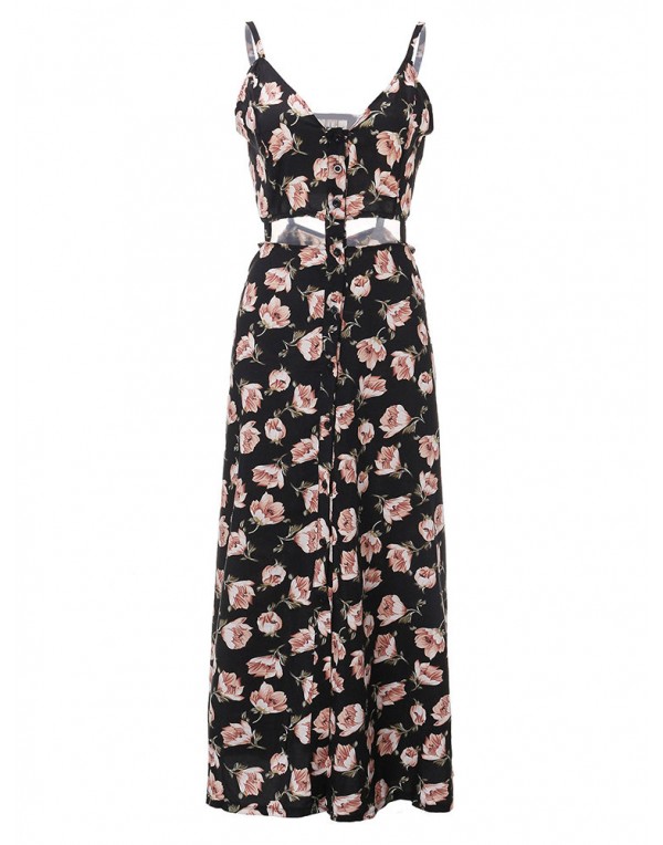 Women Sexy Strap Flower Printed Split Beach Maxi Dress