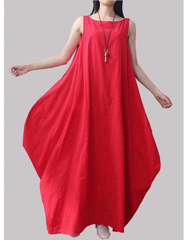 Asymmetrical Solid Color Sleeveless Pocket Loose Cotton Dress