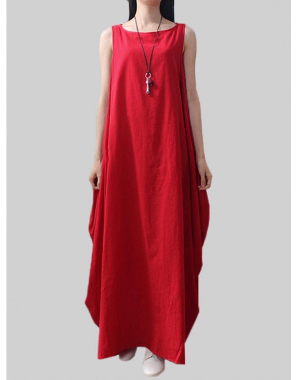 Asymmetrical Solid Color Sleeveless Pocket Loose Cotton Dress