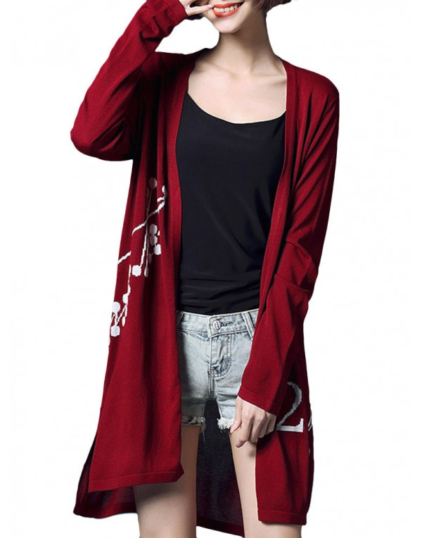 Casual Women Printing Long Sleeve Side Split Knitt...