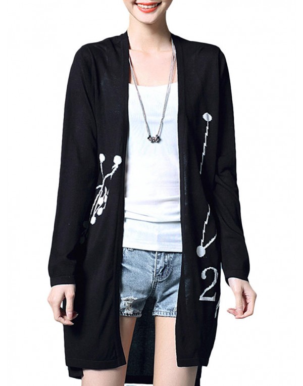 Casual Women Printing Long Sleeve Side Split Knitted Cardigan