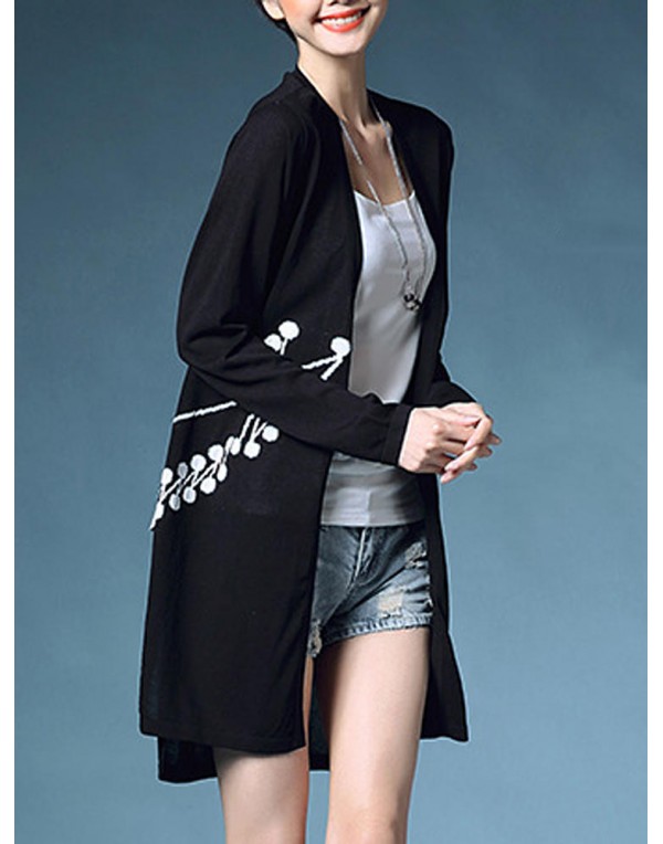 Casual Women Printing Long Sleeve Side Split Knitted Cardigan