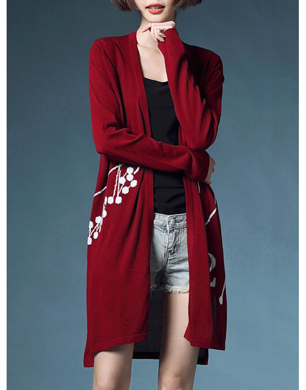 Casual Women Printing Long Sleeve Side Split Knitted Cardigan