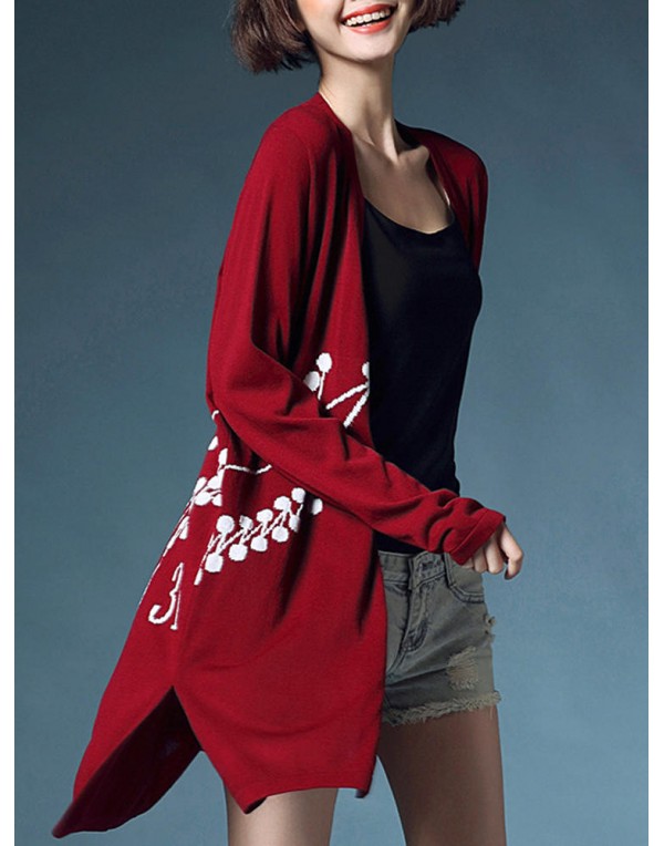 Casual Women Printing Long Sleeve Side Split Knitted Cardigan