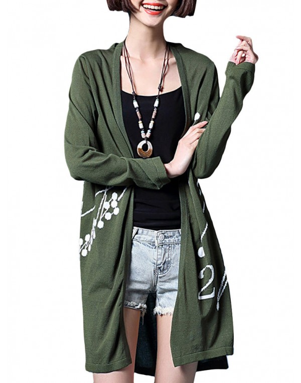 Casual Women Printing Long Sleeve Side Split Knitted Cardigan