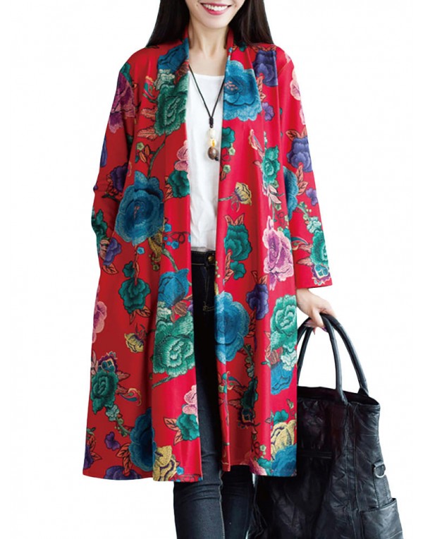 Vintage Women Floral Printing Long Sleeve Loose Long Coat