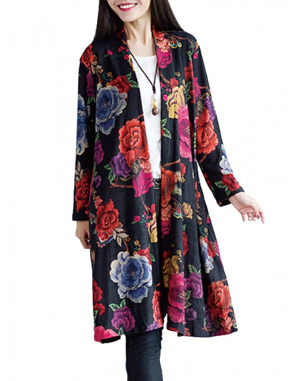 Vintage Women Floral Printing Long Sleeve Loose Long Coat