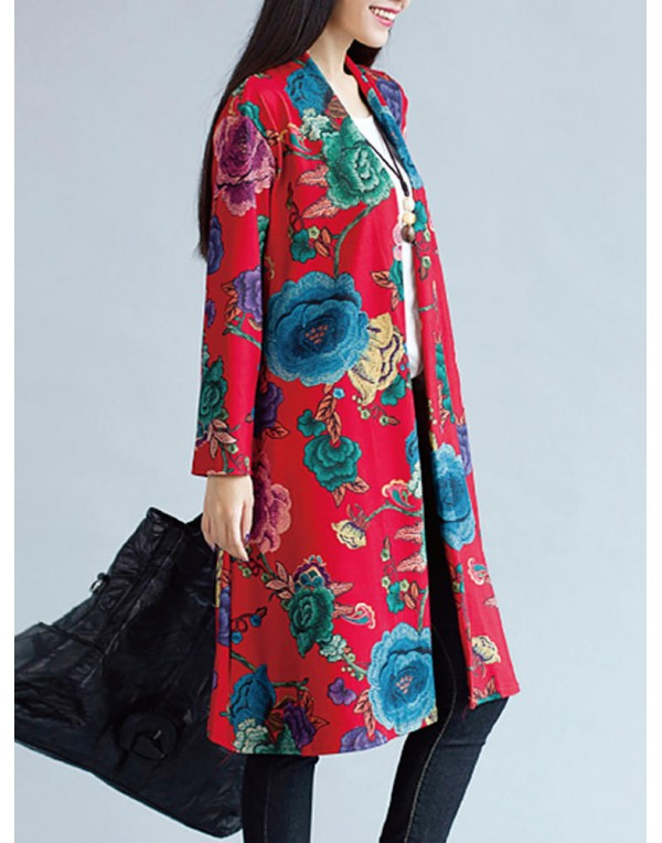 Vintage Women Floral Printing Long Sleeve Loose Long Coat