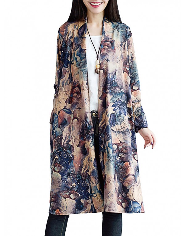 Vintage Women Floral Printing Long Sleeve Loose Long Coat