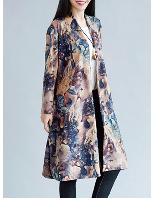 Vintage Women Floral Printing Long Sleeve Loose Long Coat