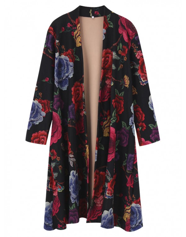 Vintage Women Floral Printing Long Sleeve Loose Long Coat