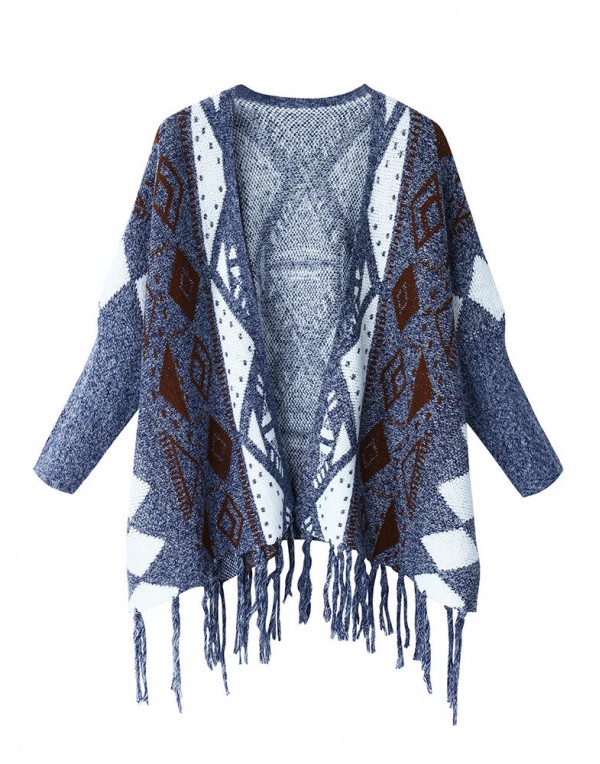 Vintage Women Printing Long Sleeve Tassel Loose Sweater Coat