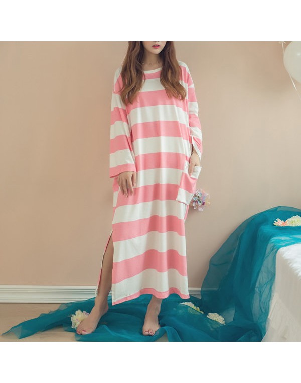 Cozy Soft Stripe Long Sleeve Homewear Round Collar Breathable Sleepwear