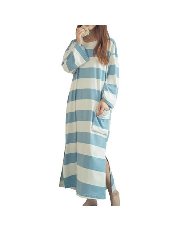 Cozy Soft Stripe Long Sleeve Homewear Round Collar Breathable Sleepwear