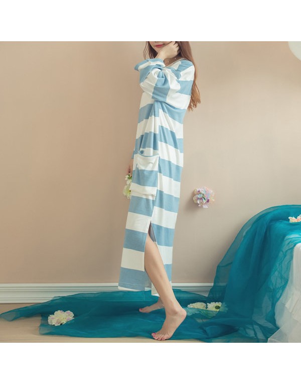 Cozy Soft Stripe Long Sleeve Homewear Round Collar Breathable Sleepwear