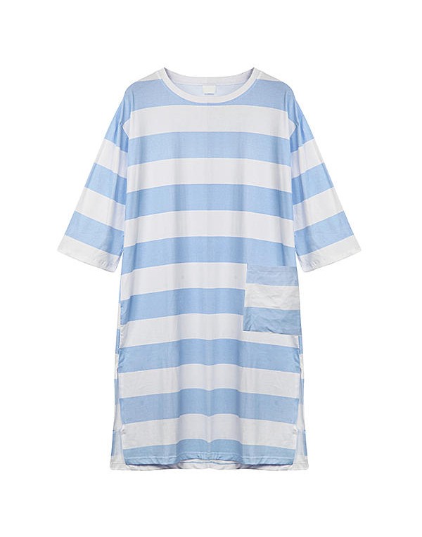 Cozy Soft Stripe Long Sleeve Homewear Round Collar Breathable Sleepwear