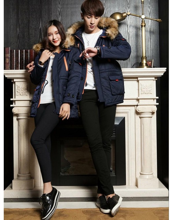 Winter Hooded Long Sleeve Thicken Warm Couple Coats ( Button and cap rope are random )