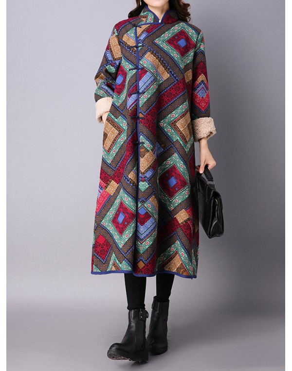 Vintage Printing Long Sleeve Plus Thick Velvet Stand Collar Long Coat