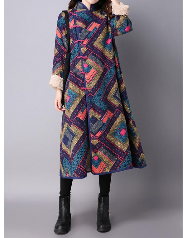 Vintage Printing Long Sleeve Plus Thick Velvet Stand Collar Long Coat