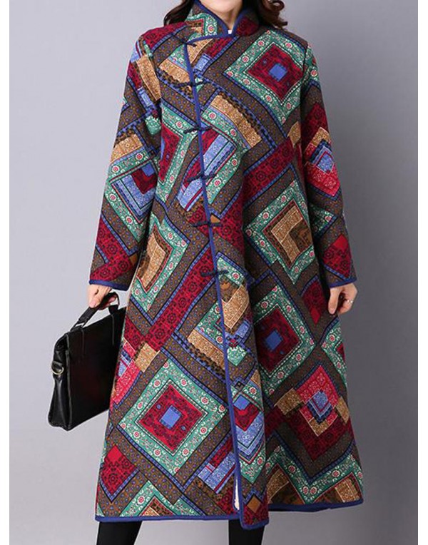 Vintage Printing Long Sleeve Plus Thick Velvet Stand Collar Long Coat