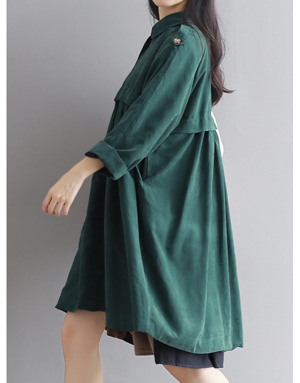 Vintage Turn-Down Solid Green Long Sleeve Loose Women Coat