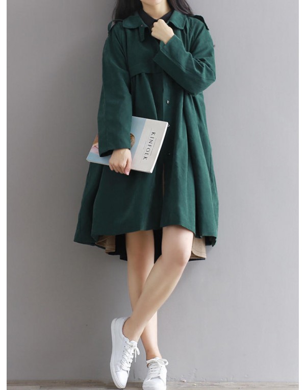 Vintage Turn-Down Solid Green Long Sleeve Loose Women Coat