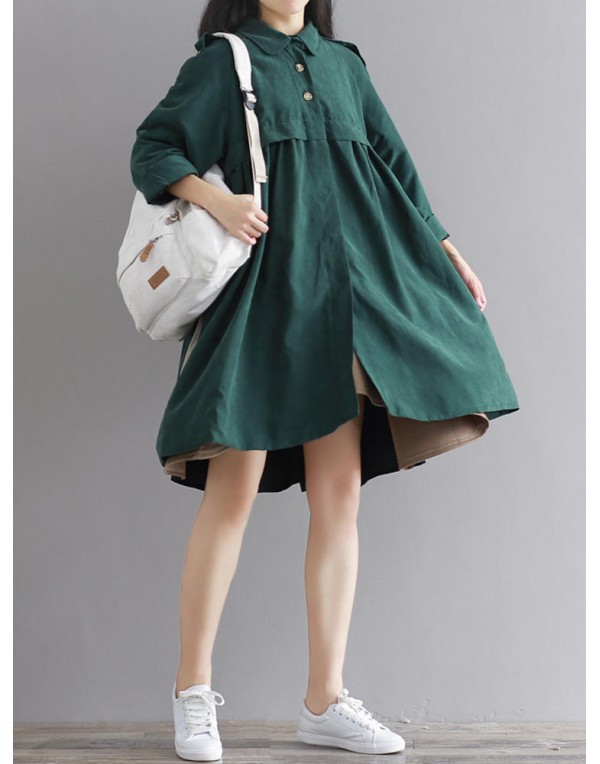 Vintage Turn-Down Solid Green Long Sleeve Loose Women Coat