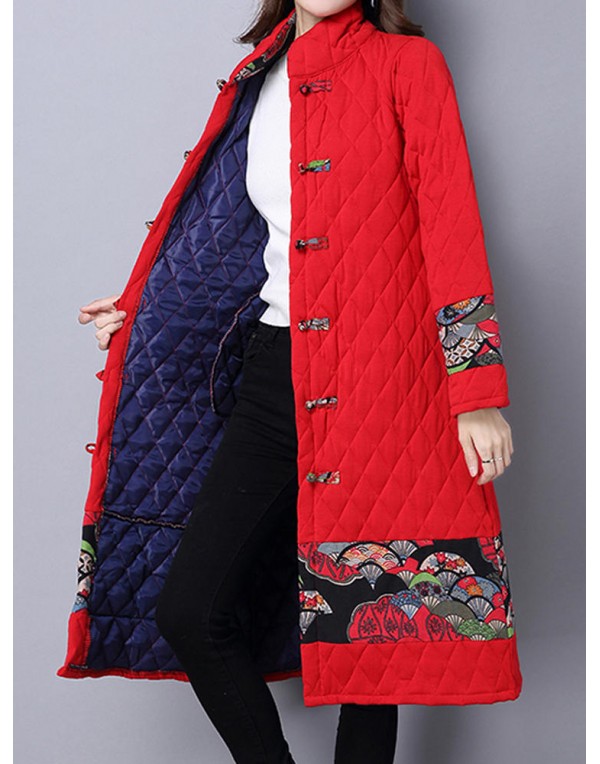 Vintage Patchwork Printing Stand Collar Long Sleeve Thick Women Coat