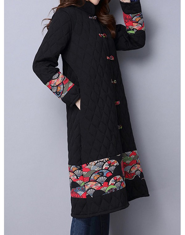 Vintage Patchwork Printing Stand Collar Long Sleeve Thick Women Coat