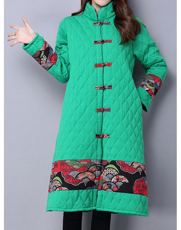 Vintage Patchwork Printing Stand Collar Long Sleeve Thick Women Coat