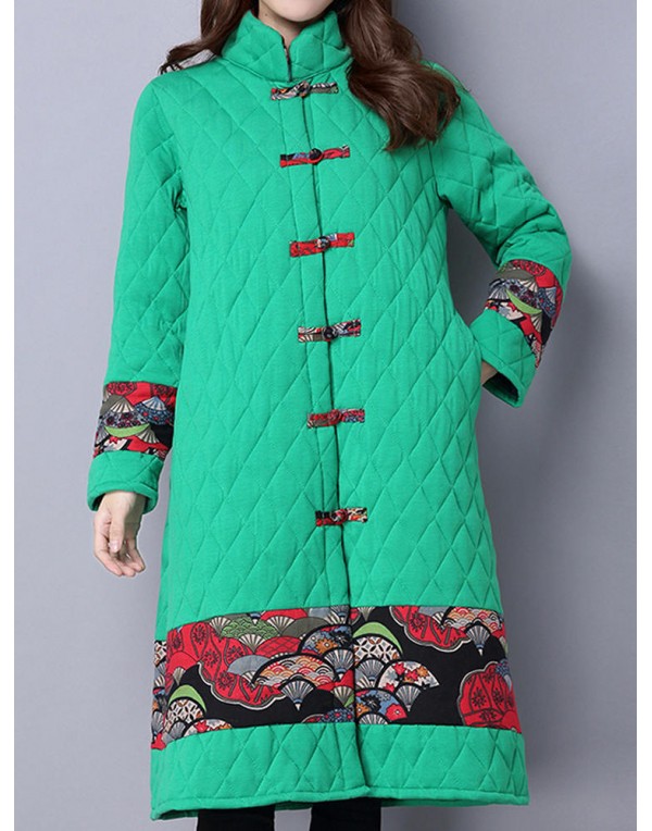 Vintage Patchwork Printing Stand Collar Long Sleeve Thick Women Coat