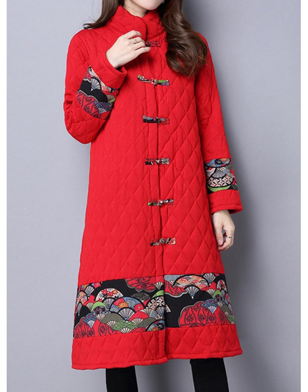 Vintage Patchwork Printing Stand Collar Long Sleeve Thick Women Coat