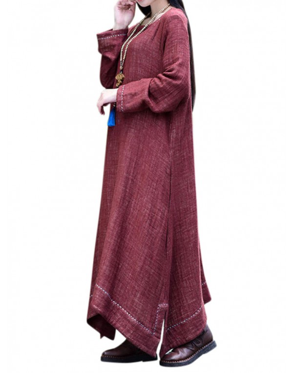 Women Irregular Hem Long Sleeve Vintage Cotton Linen Maxi Dress