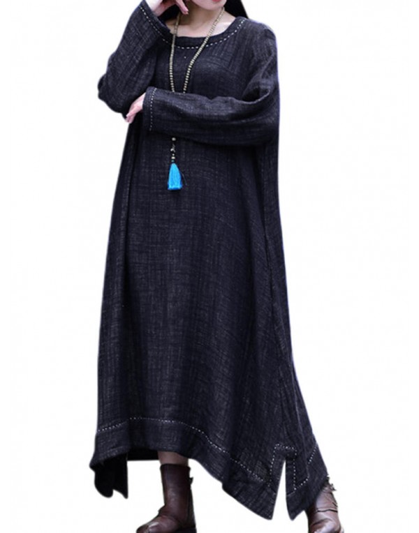 Women Irregular Hem Long Sleeve Vintage Cotton Linen Maxi Dress