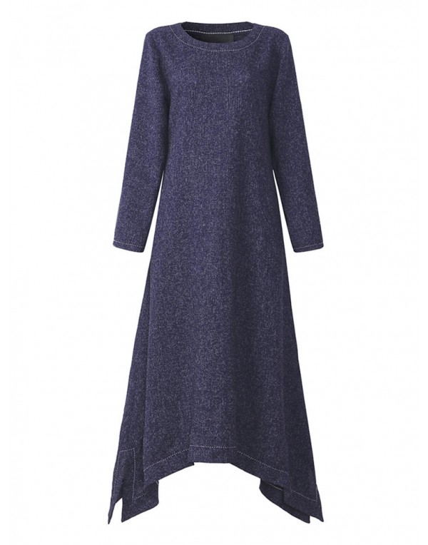 Women Irregular Hem Long Sleeve Vintage Cotton Linen Maxi Dress