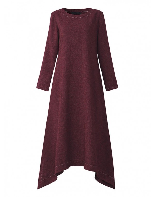 Women Irregular Hem Long Sleeve Vintage Cotton Linen Maxi Dress