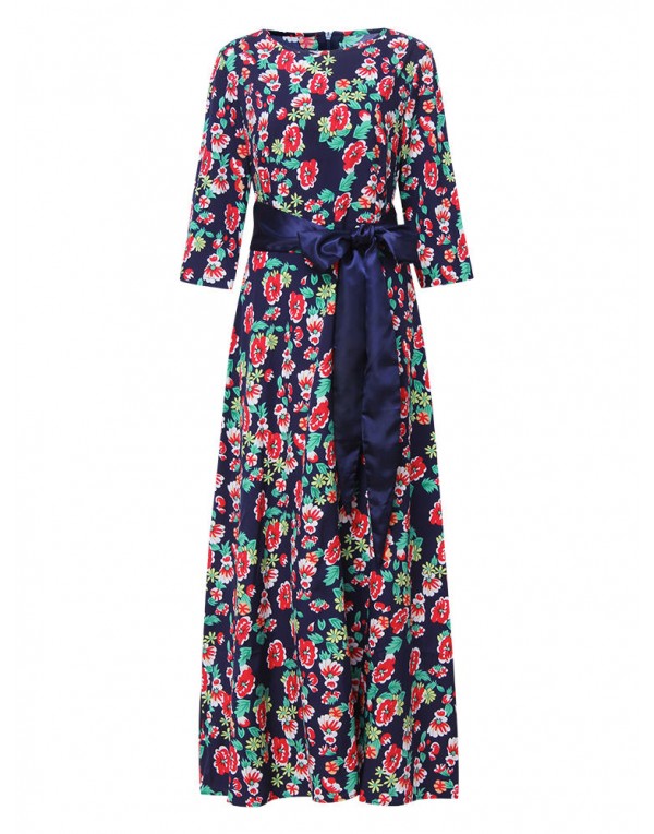 Elegant Women Floral Printed 3/4 Sleeve Maxi Dress With Belt